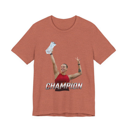Aryna Sabalenka Champion Victory T-Shirt — Athlete Holding Trophy Tee
