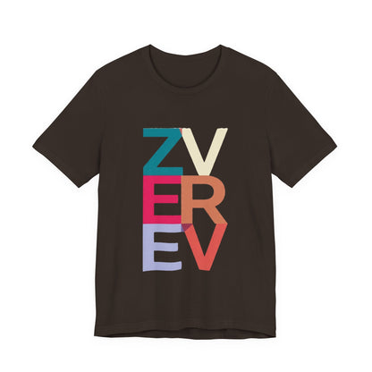 Retro Colorblock 'ZVEREV' Graphic Tee — Modern Minimalist Lettering Shirt