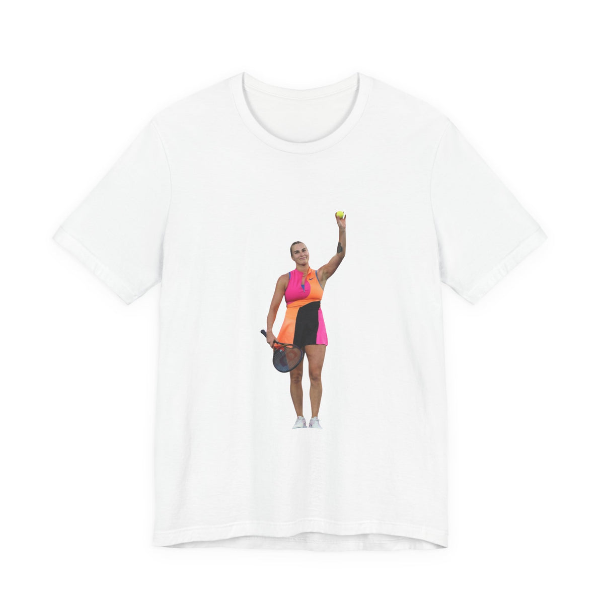Tennis Player Aryna Sabalenka Graphic Tee — Woman Serving with Racket and ball