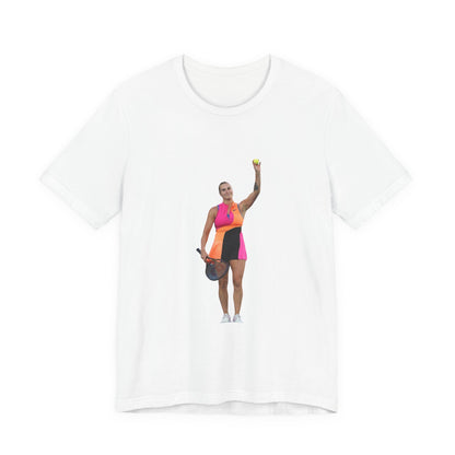 Tennis Player Aryna Sabalenka Graphic Tee — Woman Serving with Racket and ball