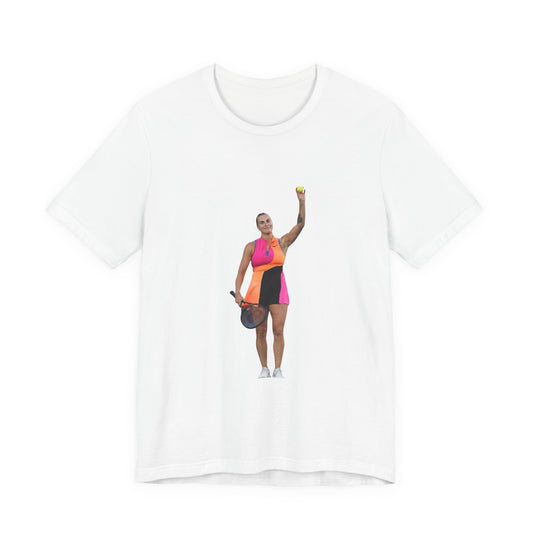 Tennis Player Aryna Sabalenka Graphic Tee — Woman Serving with Racket and ball