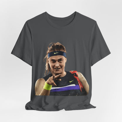 Tennis Player Sabalenka Graphic Tee — Pointing Victory Photo T‑Shirt