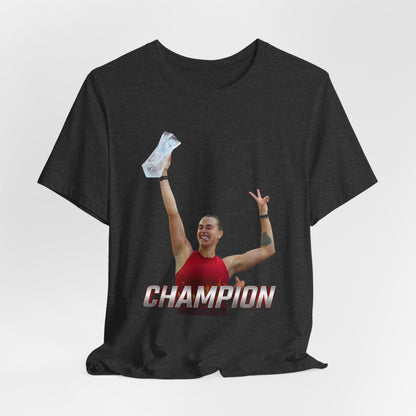 Aryna Sabalenka Champion Victory T-Shirt — Athlete Holding Trophy Tee