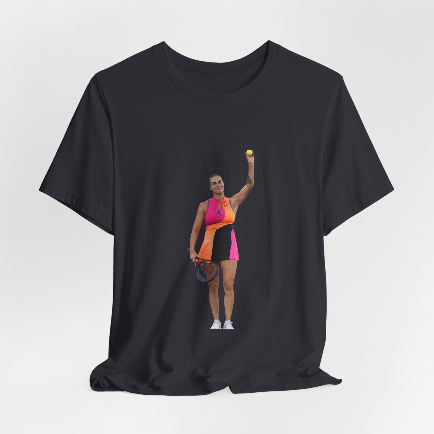 Tennis Player Aryna Sabalenka Graphic Tee — Woman Serving with Racket and ball