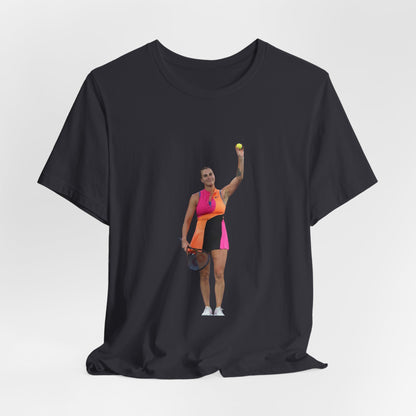 Tennis Player Aryna Sabalenka Graphic Tee — Woman Serving with Racket and ball