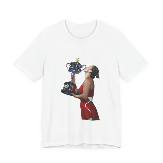 Tennis Champion Sabalenka — Woman Kissing Trophy Graphic T-Shirt