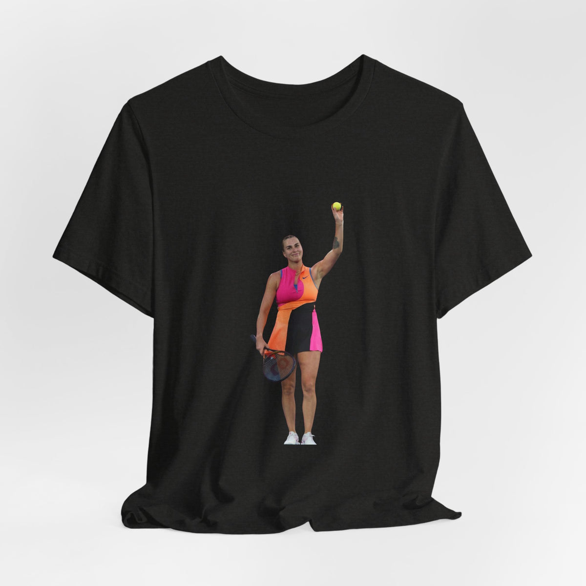 Tennis Player Aryna Sabalenka Graphic Tee — Woman Serving with Racket and ball