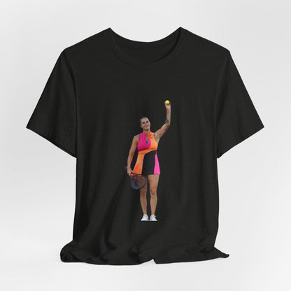 Tennis Player Aryna Sabalenka Graphic Tee — Woman Serving with Racket and ball