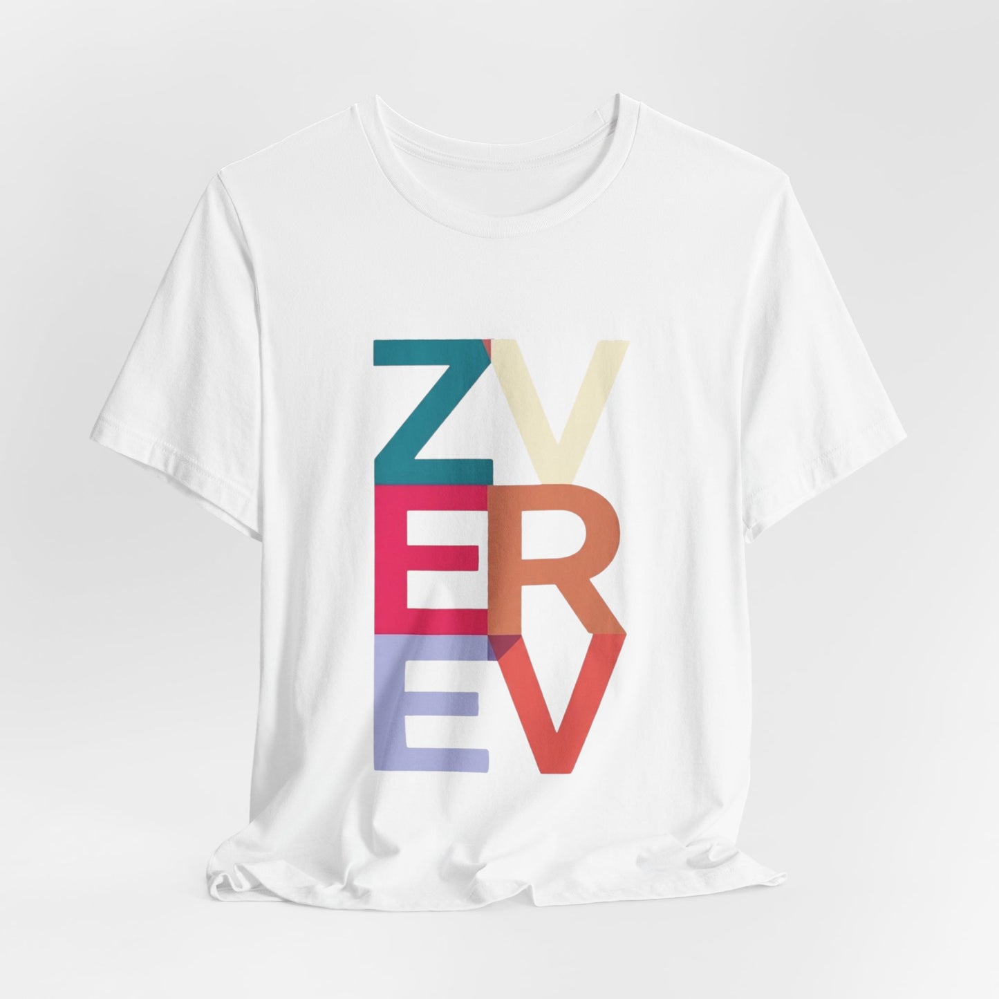 Retro Colorblock 'ZVEREV' Graphic Tee — Modern Minimalist Lettering Shirt