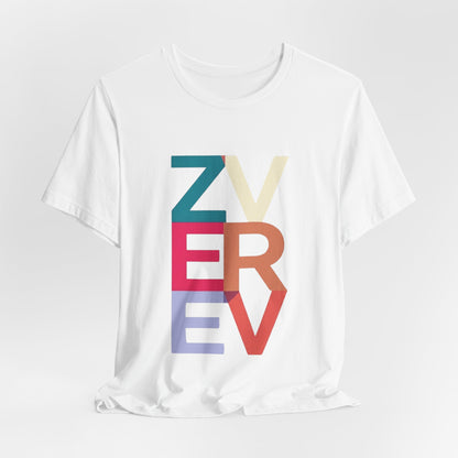 Retro Colorblock 'ZVEREV' Graphic Tee — Modern Minimalist Lettering Shirt