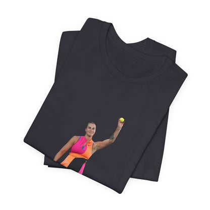 Tennis Player Aryna Sabalenka Graphic Tee — Woman Serving with Racket and ball