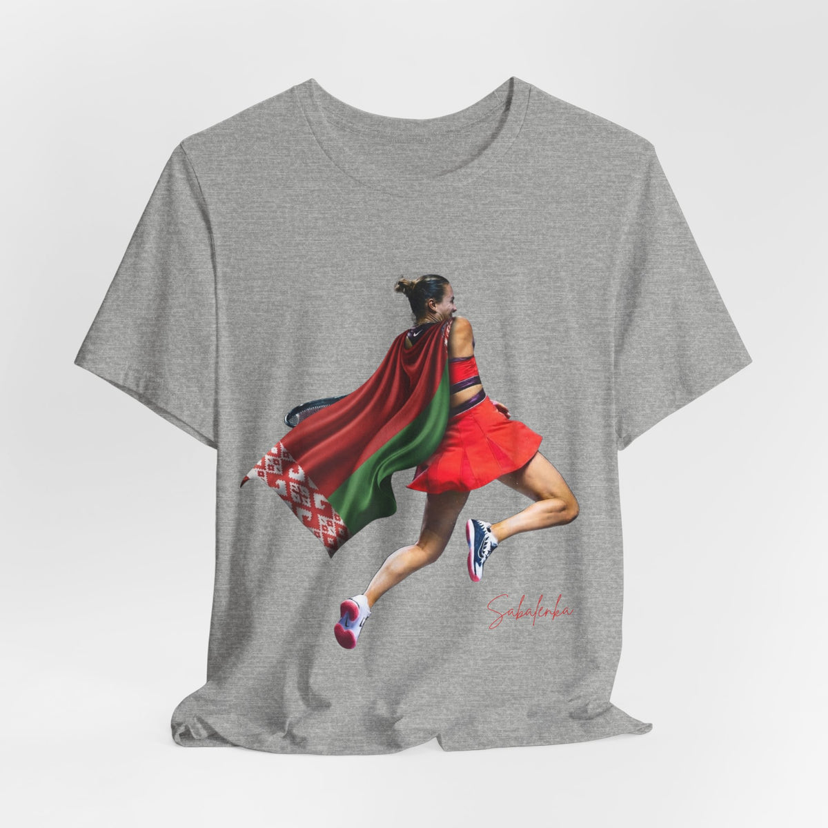 Runner Superhero Sabalenka T‑Shirt — Empowering Female Athlete Tee with Cape Graphic