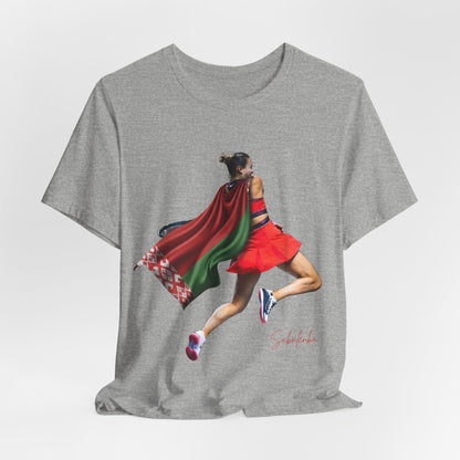 Runner Superhero Sabalenka T‑Shirt — Empowering Female Athlete Tee with Cape Graphic