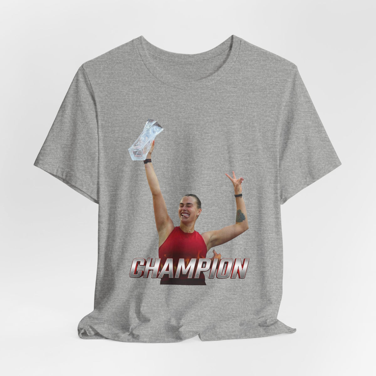 Aryna Sabalenka Champion Victory T-Shirt — Athlete Holding Trophy Tee