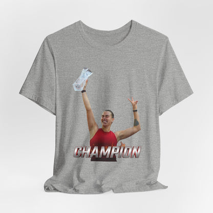 Aryna Sabalenka Champion Victory T-Shirt — Athlete Holding Trophy Tee