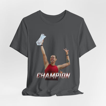 Aryna Sabalenka Champion Victory T-Shirt — Athlete Holding Trophy Tee