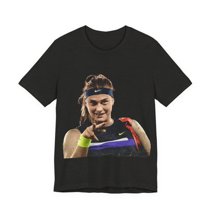 Tennis Player Sabalenka Graphic Tee — Pointing Victory Photo T‑Shirt