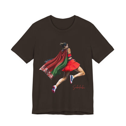 Runner Superhero Sabalenka T‑Shirt — Empowering Female Athlete Tee with Cape Graphic