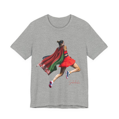 Runner Superhero Sabalenka T‑Shirt — Empowering Female Athlete Tee with Cape Graphic