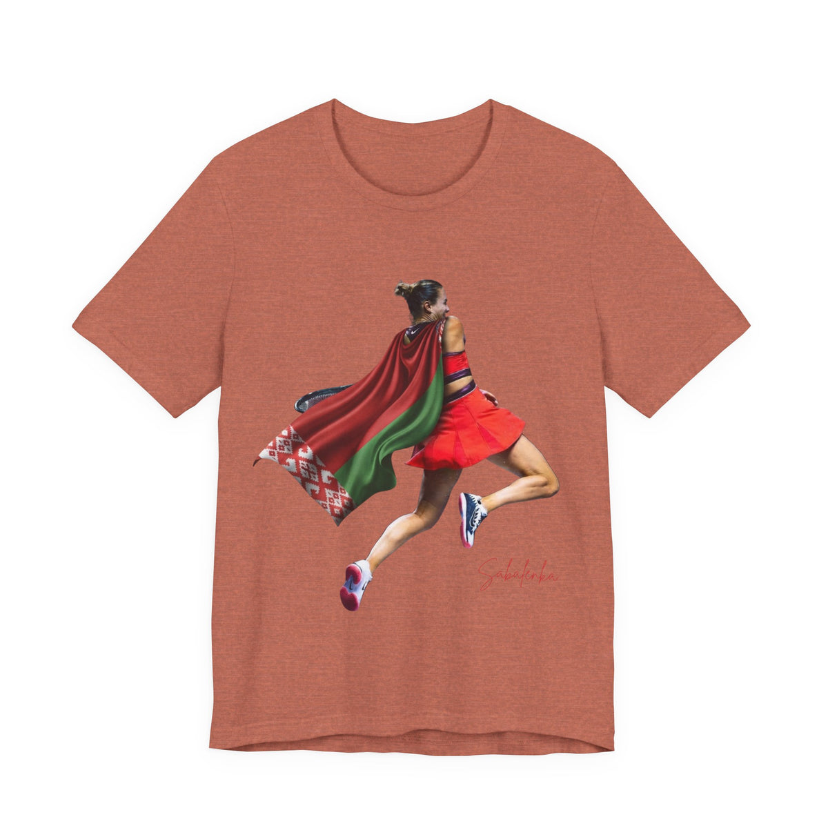 Runner Superhero Sabalenka T‑Shirt — Empowering Female Athlete Tee with Cape Graphic