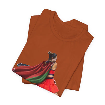 Runner Superhero Sabalenka T‑Shirt — Empowering Female Athlete Tee with Cape Graphic