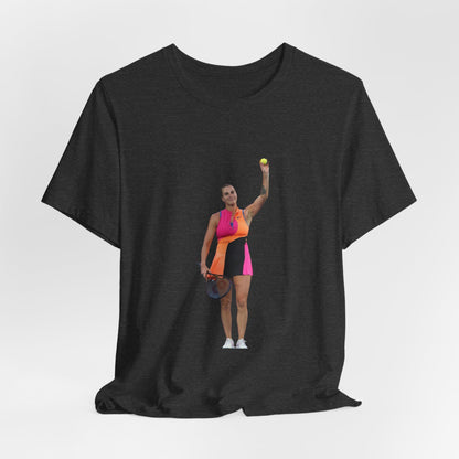 Tennis Player Aryna Sabalenka Graphic Tee — Woman Serving with Racket and ball