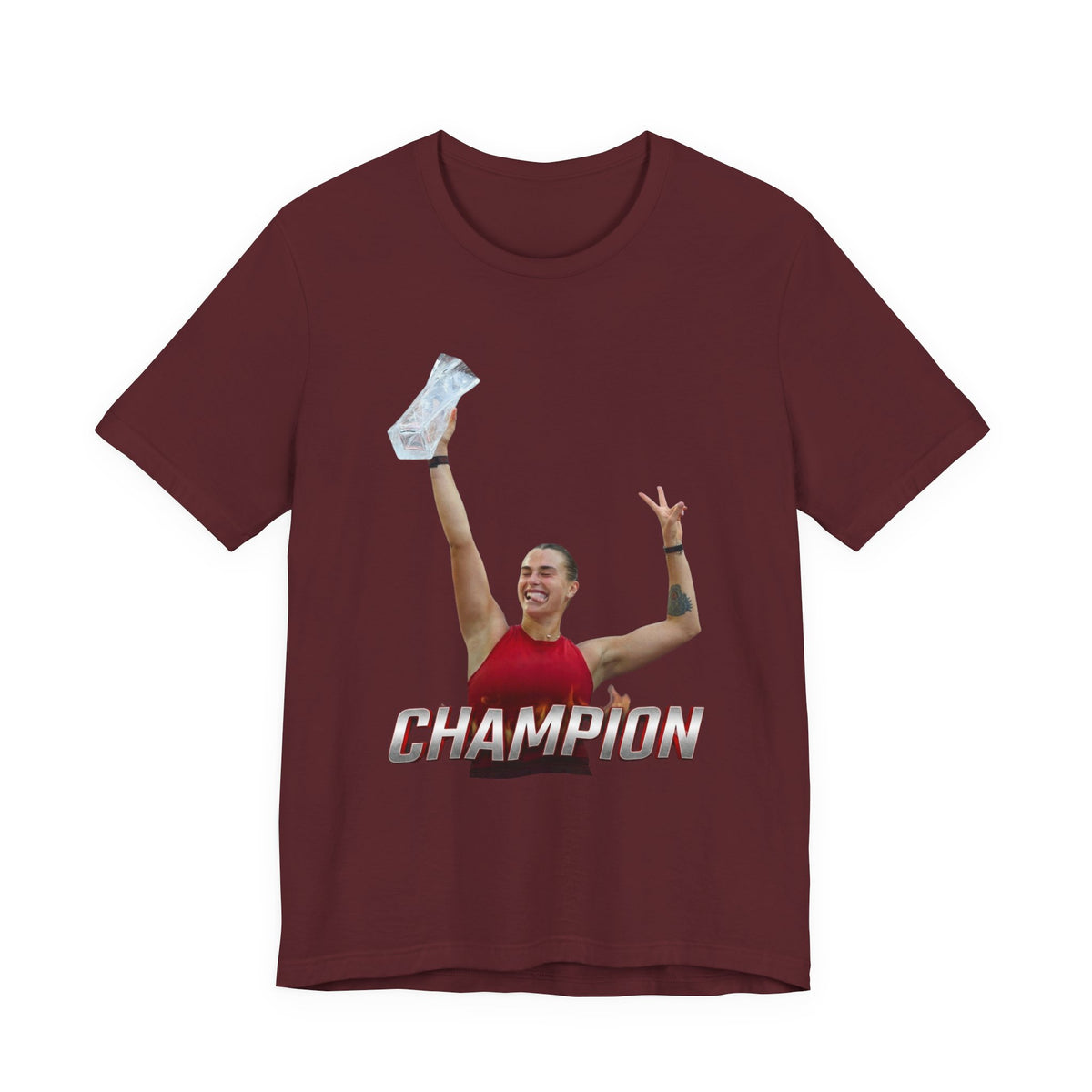 Aryna Sabalenka Champion Victory T-Shirt — Athlete Holding Trophy Tee