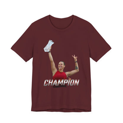 Aryna Sabalenka Champion Victory T-Shirt — Athlete Holding Trophy Tee