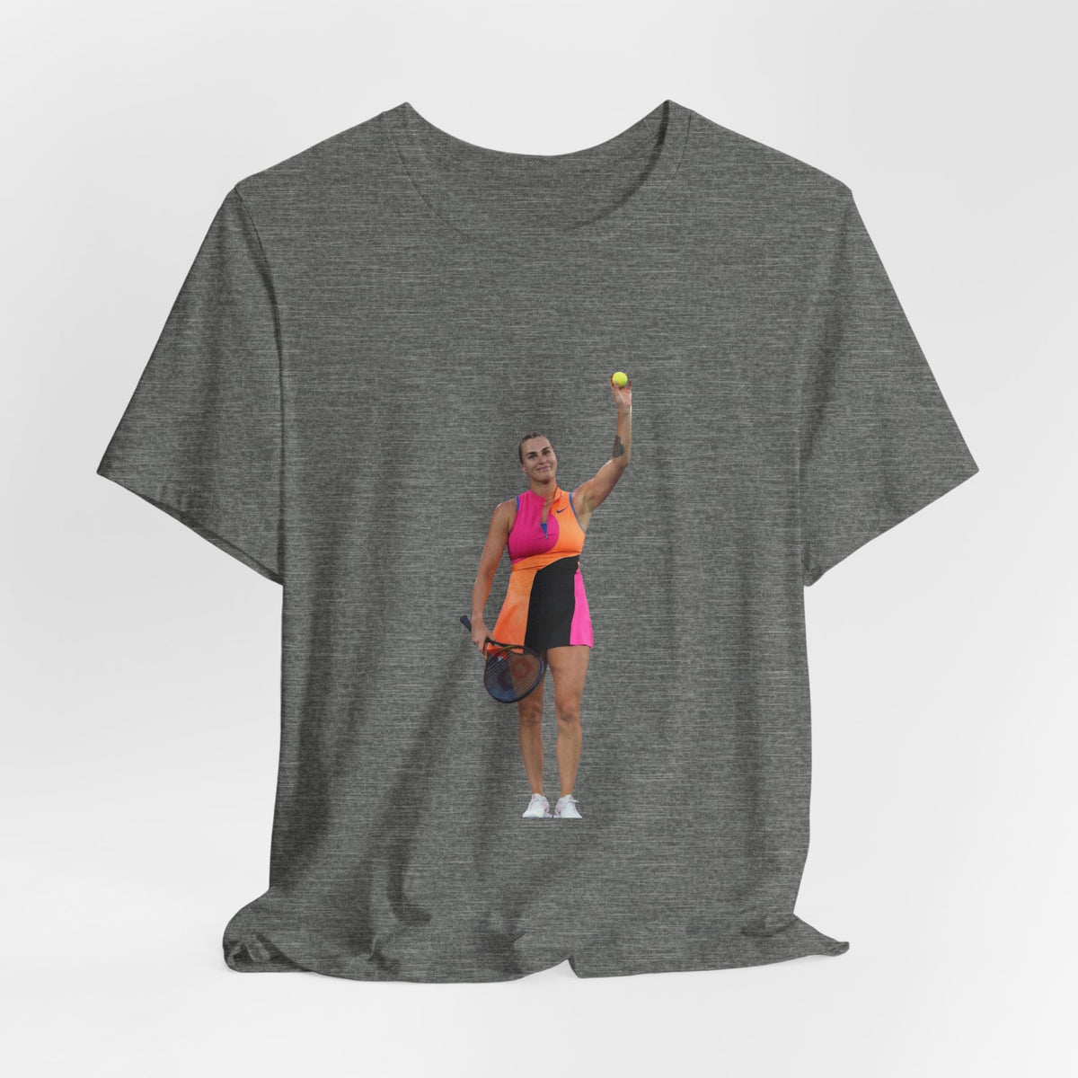 Tennis Player Aryna Sabalenka Graphic Tee — Woman Serving with Racket and ball
