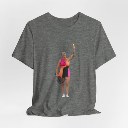 Tennis Player Aryna Sabalenka Graphic Tee — Woman Serving with Racket and ball