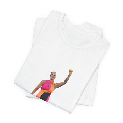 Tennis Player Aryna Sabalenka Graphic Tee — Woman Serving with Racket and ball