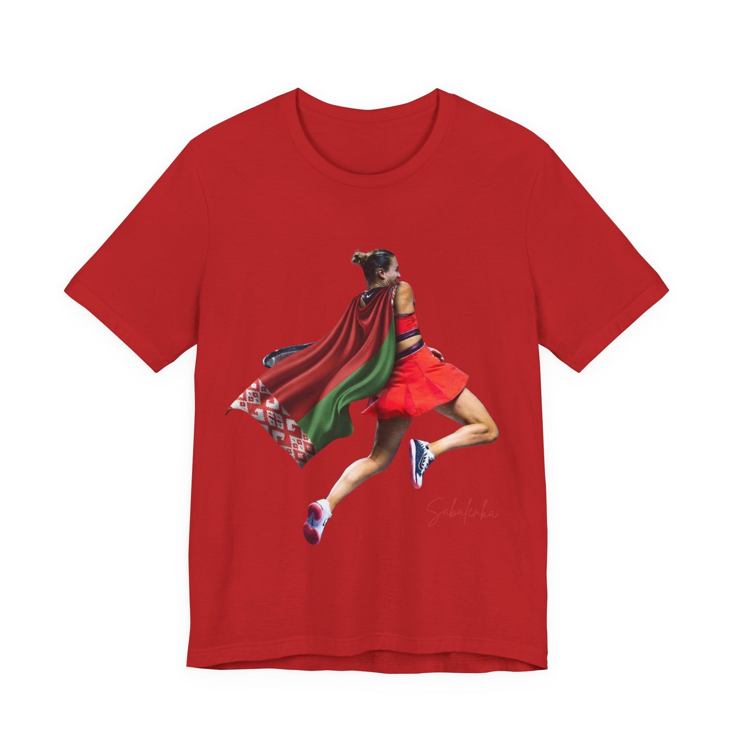 Runner Superhero Sabalenka T‑Shirt — Empowering Female Athlete Tee with Cape Graphic