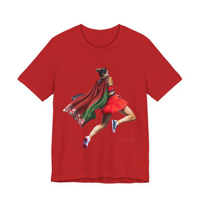 Runner Superhero Sabalenka T‑Shirt — Empowering Female Athlete Tee with Cape Graphic