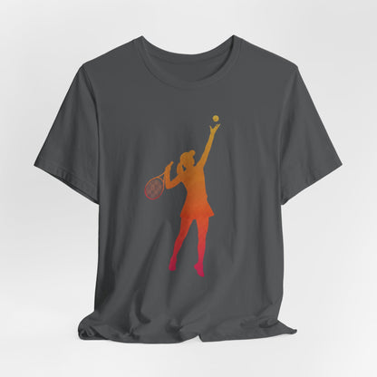 Tennis Serve Silhouette Tee — Gradient Female Tennis Player Graphic T‑Shirt