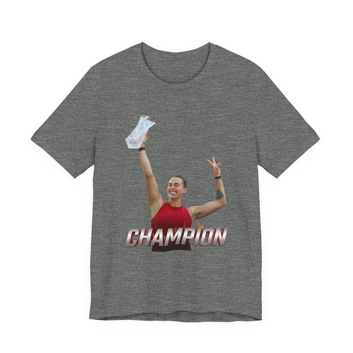 Aryna Sabalenka Champion Victory T-Shirt — Athlete Holding Trophy Tee