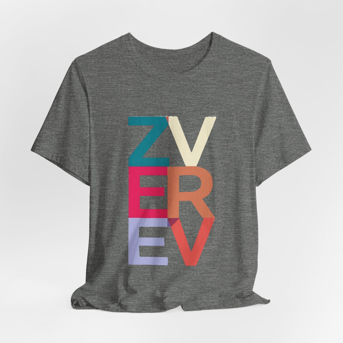 Retro Colorblock 'ZVEREV' Graphic Tee — Modern Minimalist Lettering Shirt