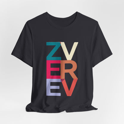 Retro Colorblock 'ZVEREV' Graphic Tee — Modern Minimalist Lettering Shirt